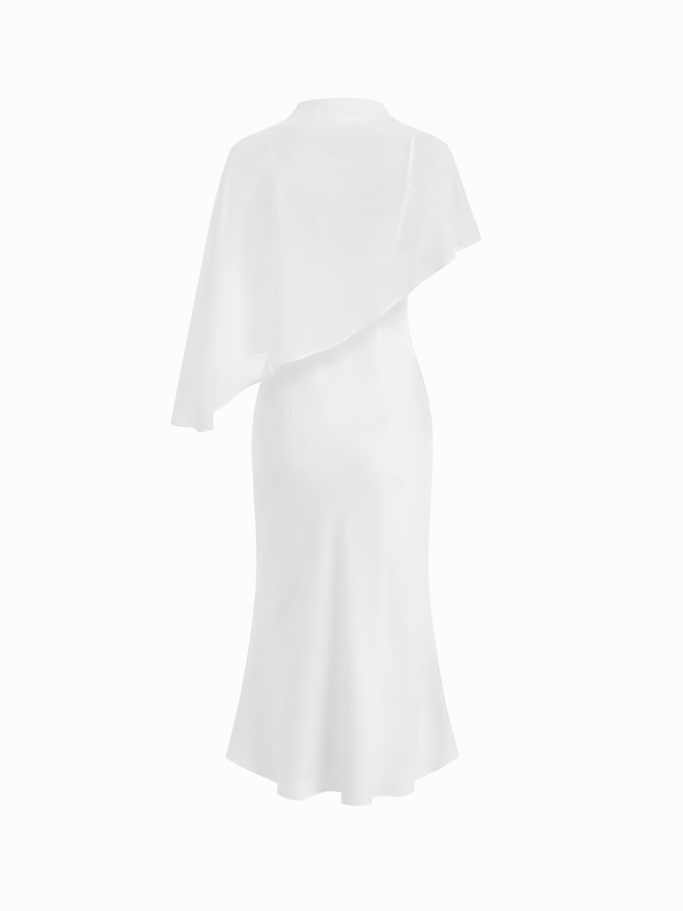 Abito Maxi in Raso con Collo Alto e Maniche a Mantella - Bianco