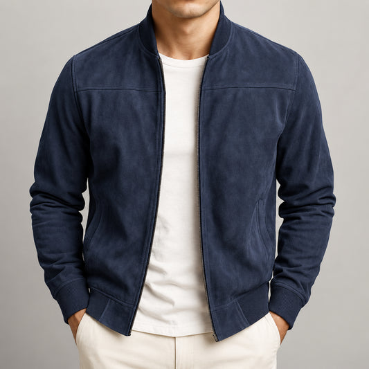 Giacca bomber moderna Castell blu navy indossata