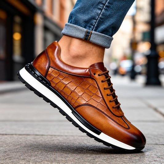 Sneakers Moretti in pelle marrone intenso indossate