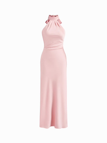 Abito lungo spaccato con scollo all'americana senza schienale - Rosa