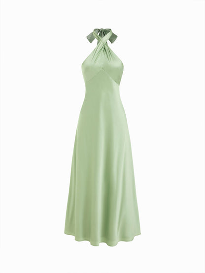 Vestido Maxi A-line con nudo y cuello halter de satén - Verde Matcha