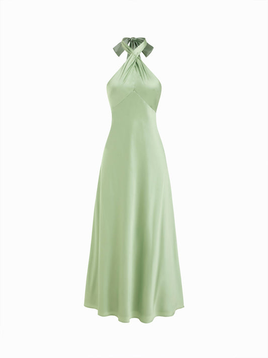 Abito Maxi in Raso a Linea A con Nodo e Scollo Halter – Verde Matcha