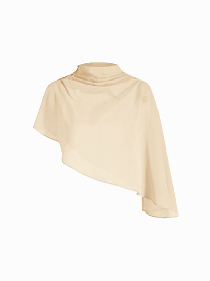 Abito Maxi in Raso con Collo Alto e Maniche a Mantella - Champan
