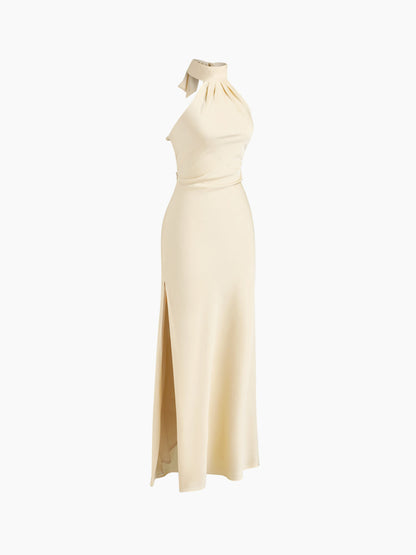 Abito lungo spaccato con scollo all'americana senza schienale - Beige