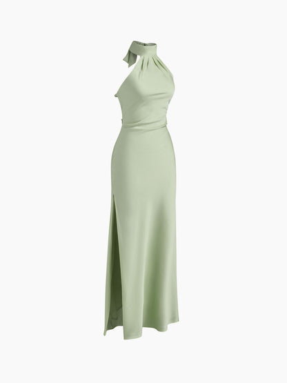 Abito lungo spaccato con scollo all'americana senza schienale - Verde chiaro