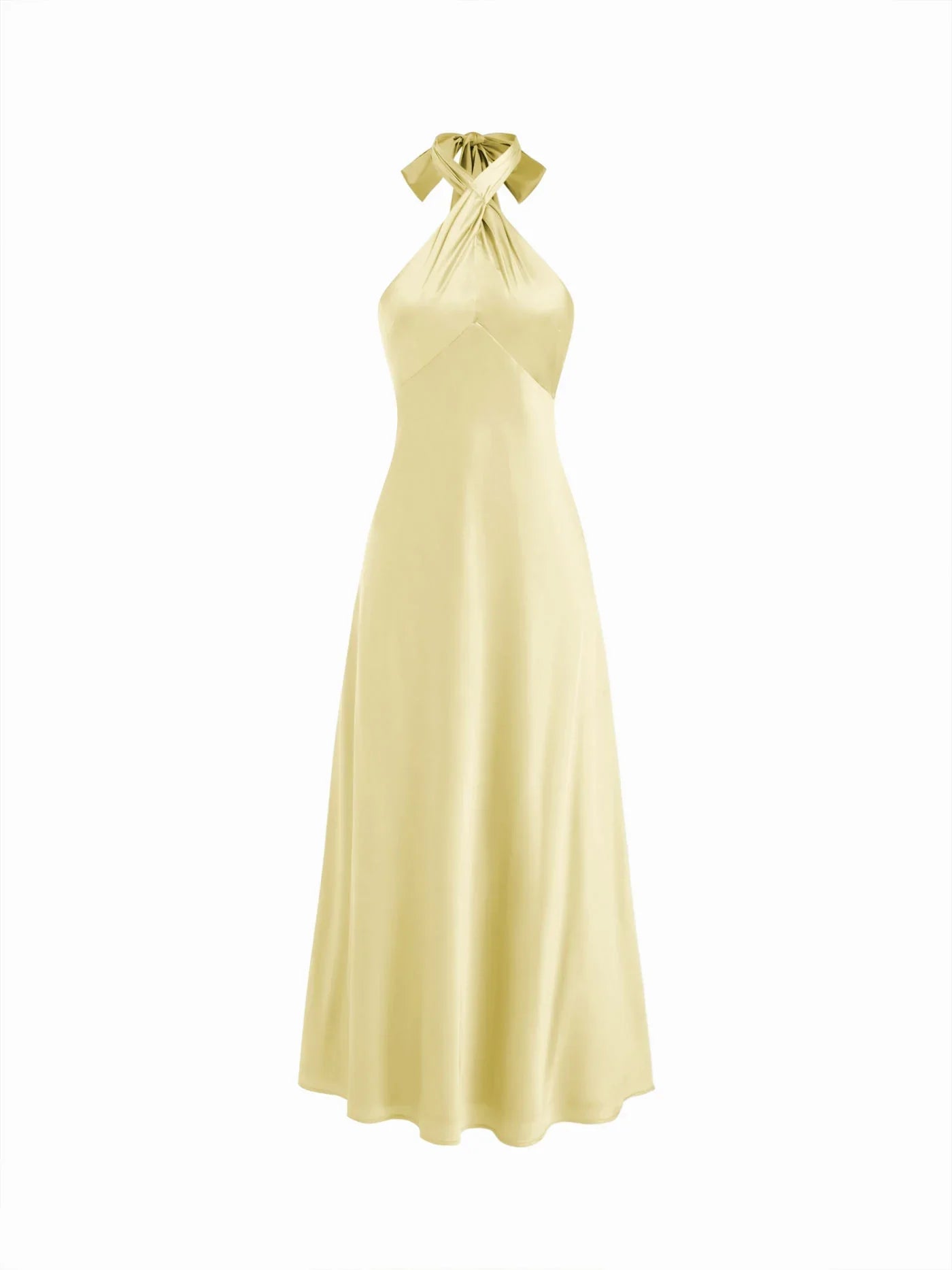Vestido Maxi A-line con nudo y cuello halter de satén - Amarillo