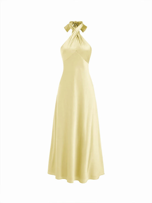 Abito Maxi in Raso a Linea A con Nodo e Scollo Halter - Giallo