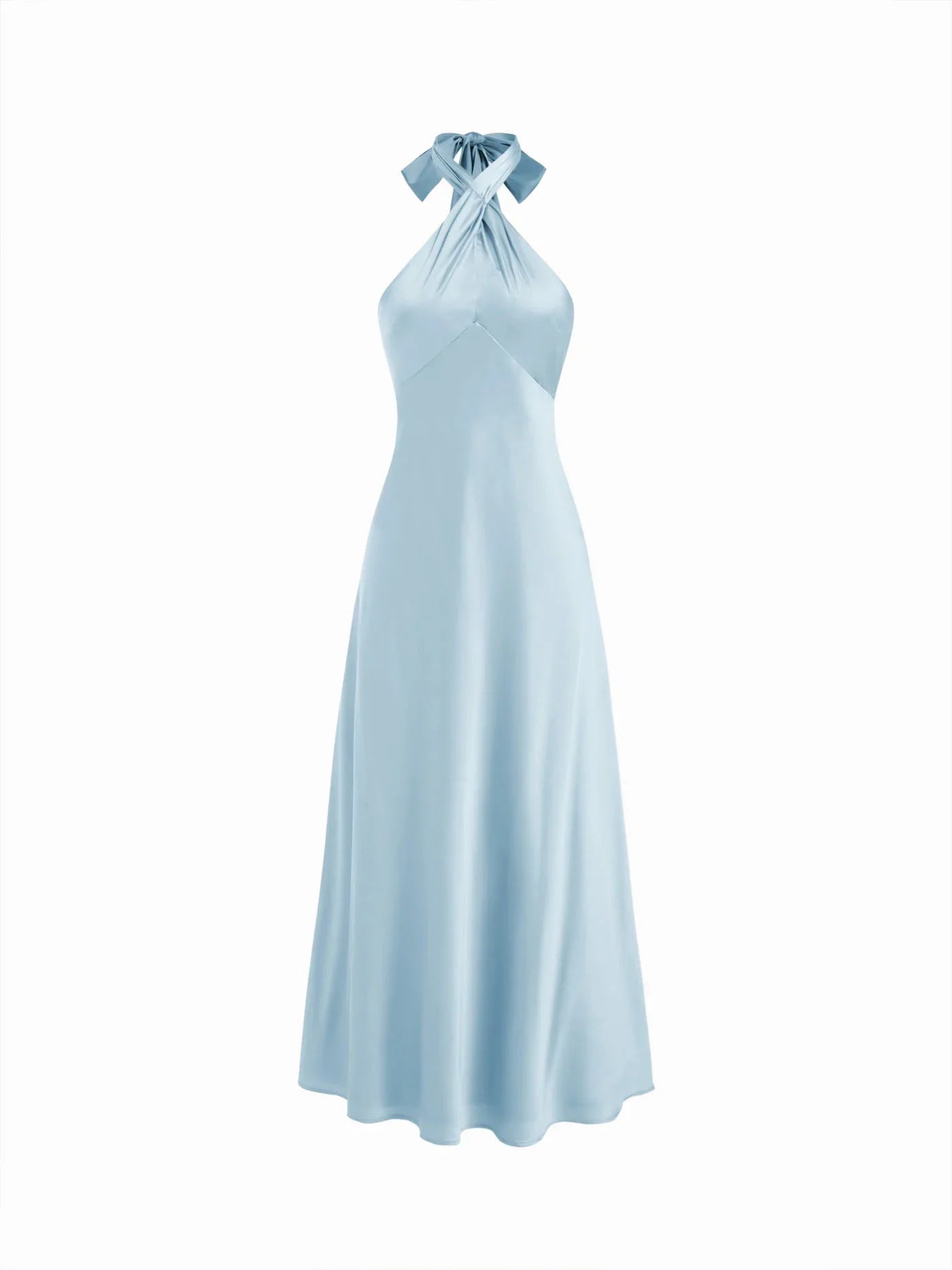 Vestido Maxi A-line con nudo y cuello halter de satén - Azul Cielo
