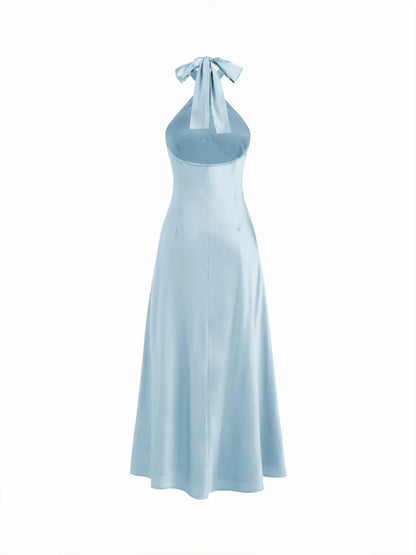 Vestido Maxi A-line con nudo y cuello halter de satén - Azul Cielo