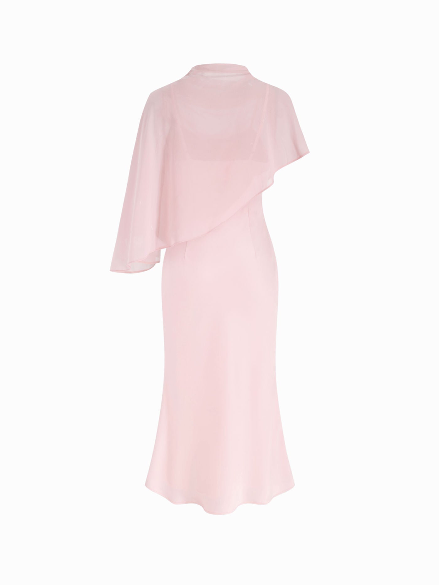Abito Maxi in Raso con Collo Alto e Maniche a Mantella - Rosa