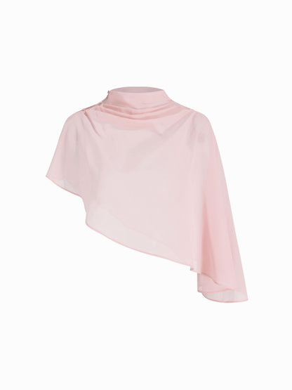Abito Maxi in Raso con Collo Alto e Maniche a Mantella - Rosa
