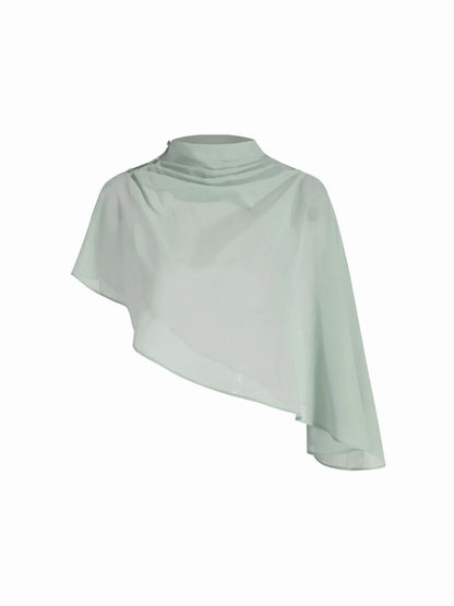 Abito Maxi in Raso con Collo Alto e Maniche a Mantella - Verde