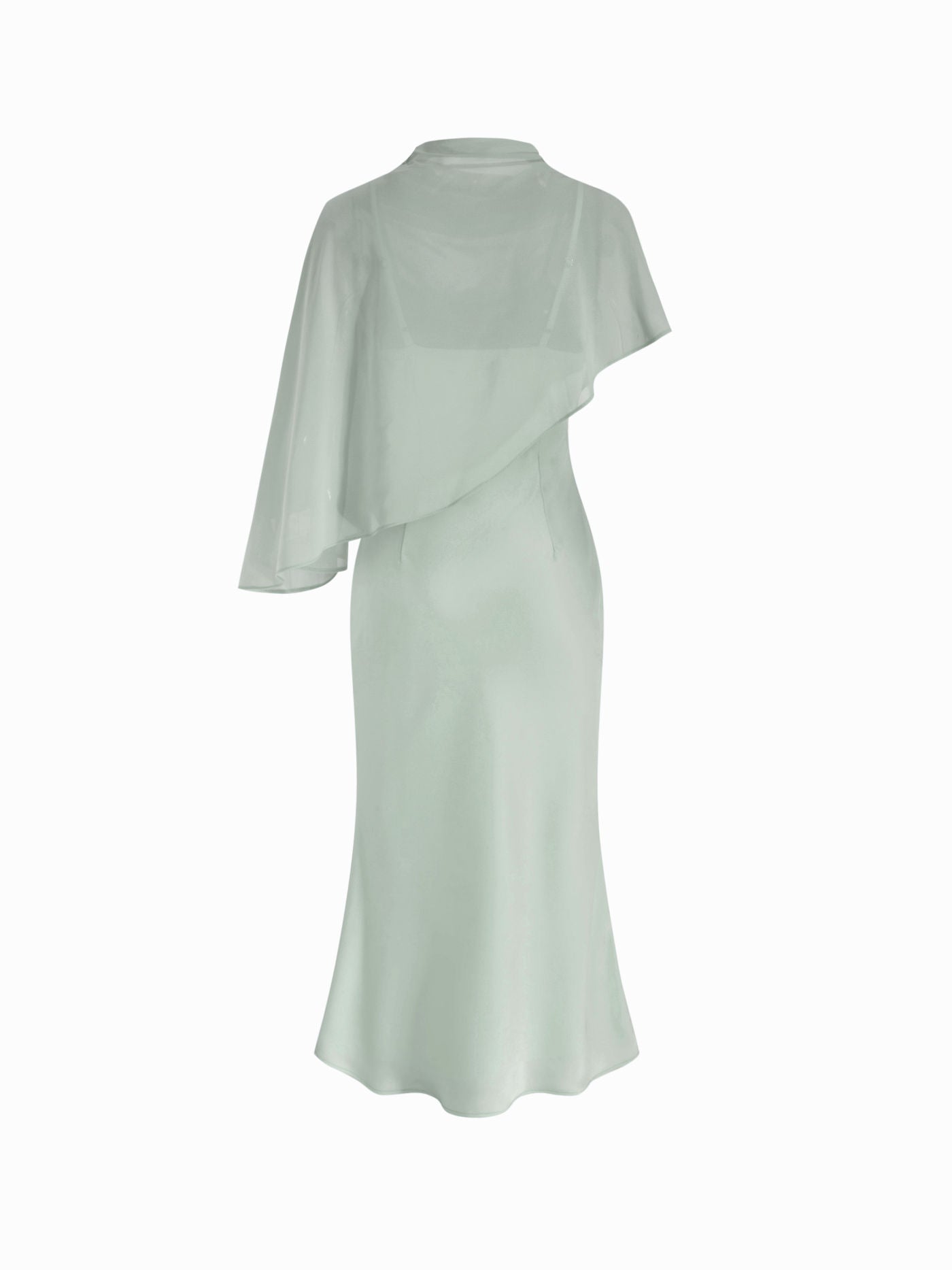 Abito Maxi in Raso con Collo Alto e Maniche a Mantella - Verde