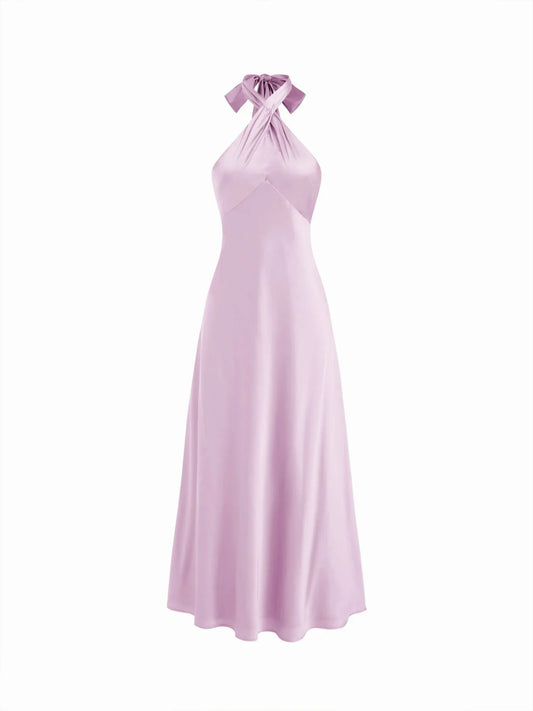 Abito Maxi in Raso a Linea A con Nodo e Scollo Halter - Violetta