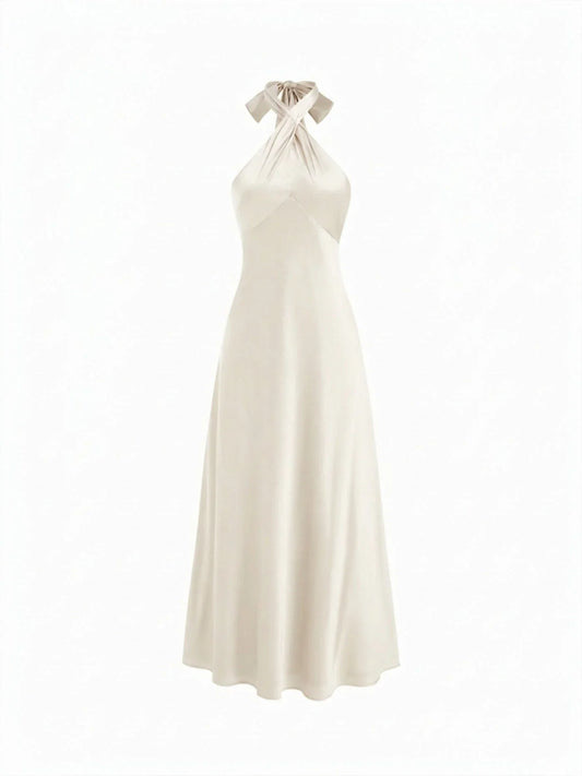 Abito Maxi in Raso a Linea A con Nodo e Scollo Halter - Crem