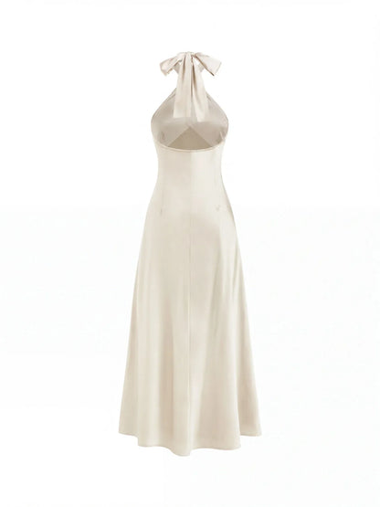 Vestido Maxi A-line con nudo y cuello halter de satén - Crema