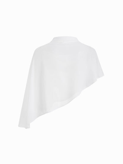 Abito Maxi in Raso con Collo Alto e Maniche a Mantella - Bianco