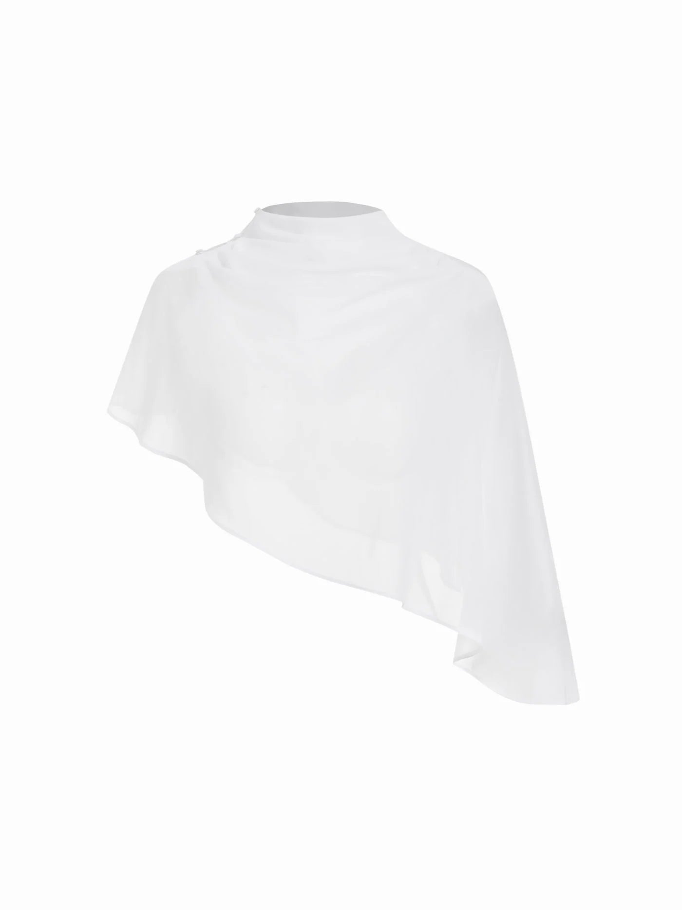 Abito Maxi in Raso con Collo Alto e Maniche a Mantella - Bianco