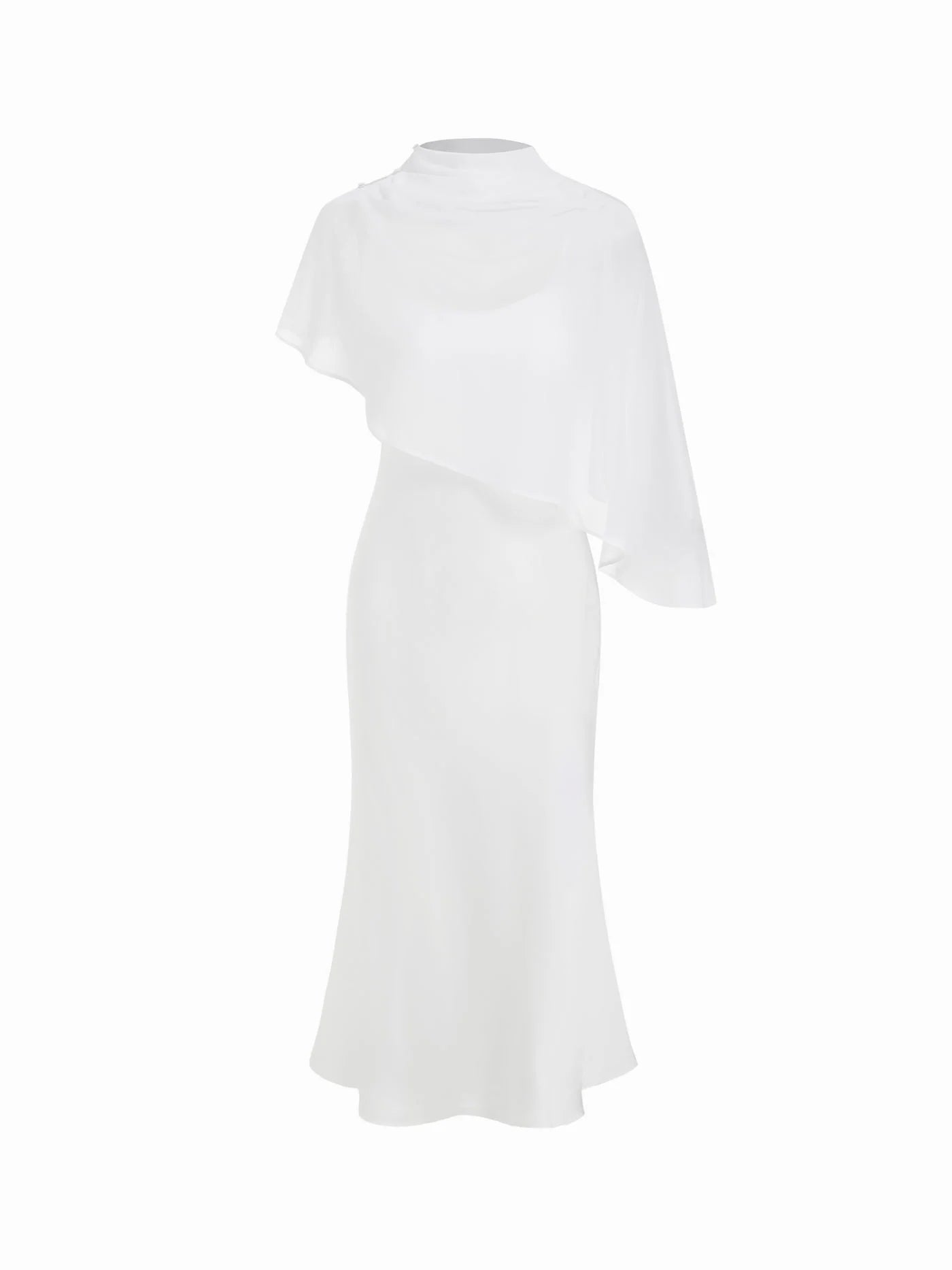 Abito Maxi in Raso con Collo Alto e Maniche a Mantella - Bianco