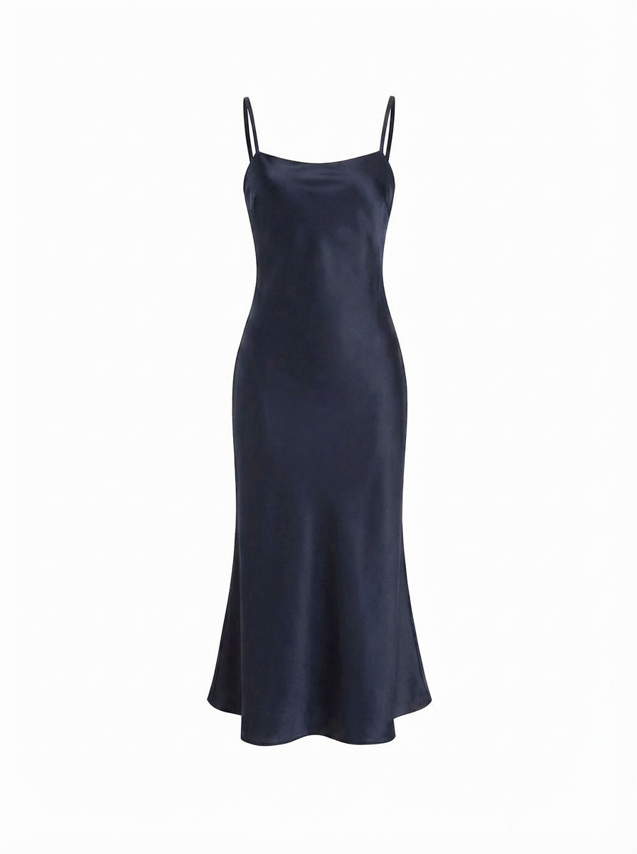 Abito Maxi in Raso con Collo Alto e Maniche a Mantella - Blu scuro