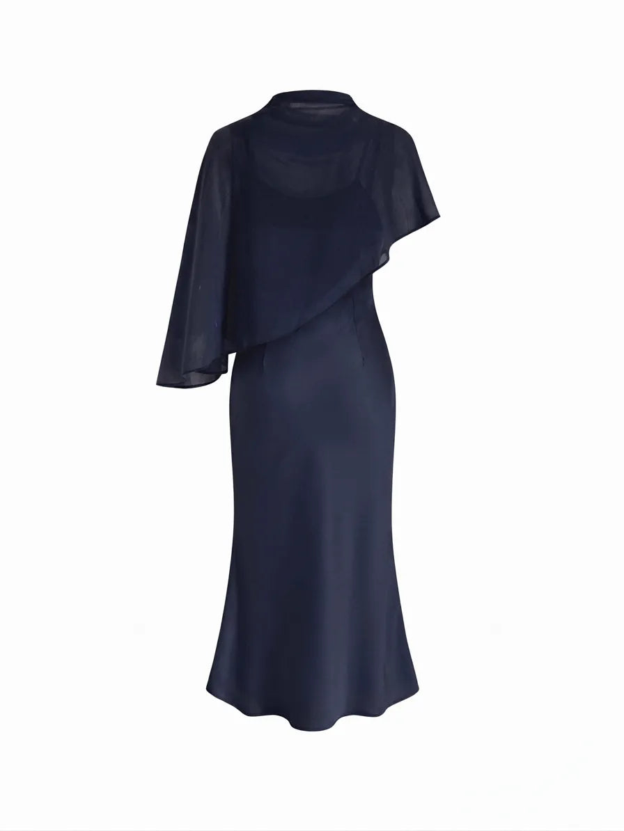 Abito Maxi in Raso con Collo Alto e Maniche a Mantella - Blu scuro