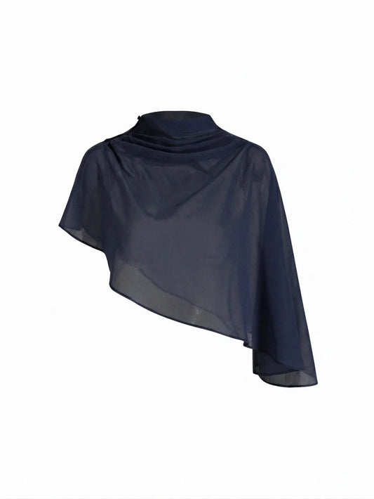 Abito Maxi in Raso con Collo Alto e Maniche a Mantella - Blu scuro