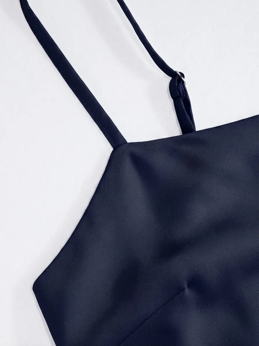 Abito Maxi in Raso con Collo Alto e Maniche a Mantella - Blu scuro
