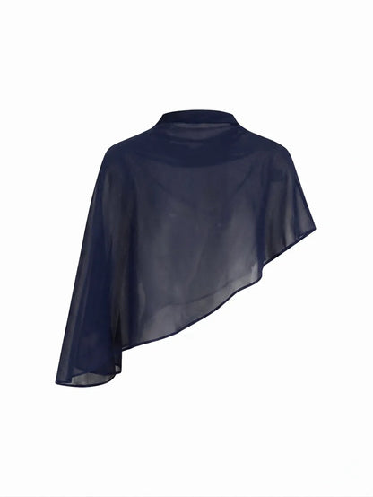Abito Maxi in Raso con Collo Alto e Maniche a Mantella - Blu scuro