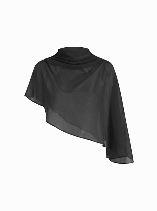 Abito Maxi in Raso con Collo Alto e Maniche a Mantella - Nero