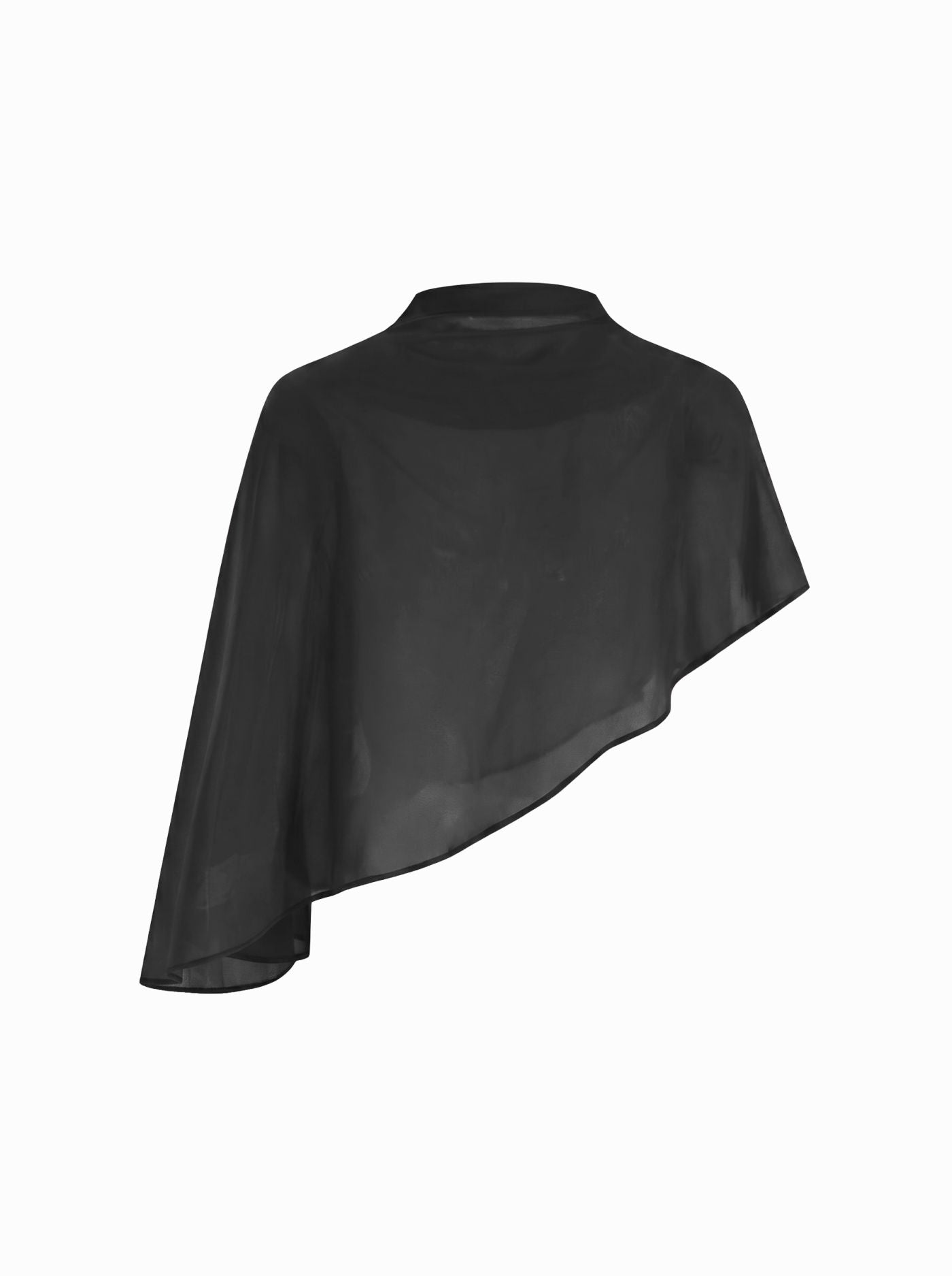 Abito Maxi in Raso con Collo Alto e Maniche a Mantella - Nero