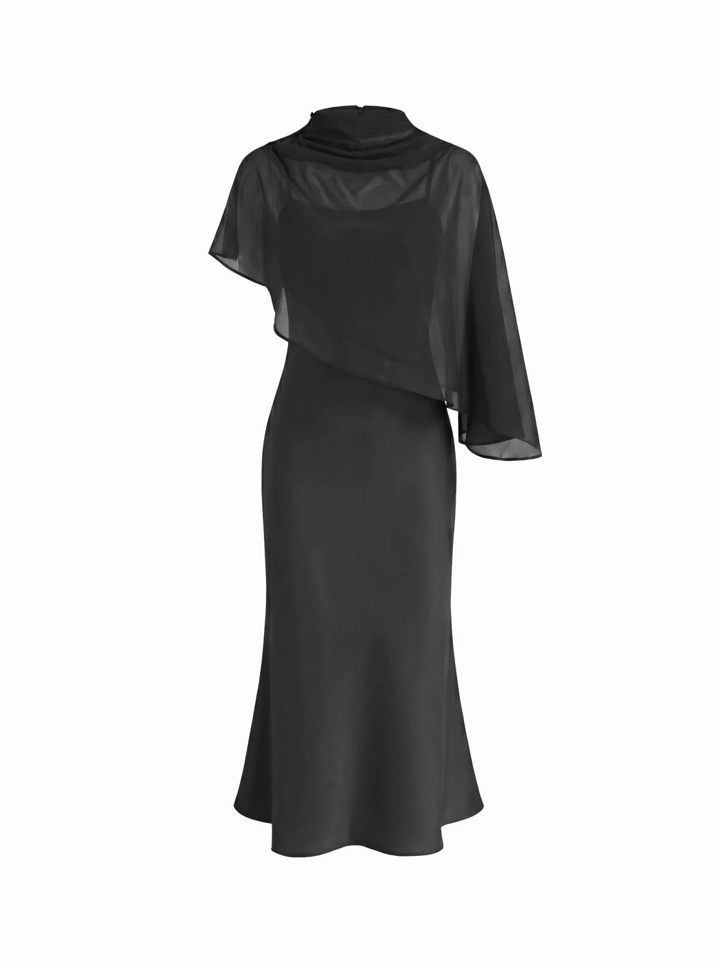 Abito Maxi in Raso con Collo Alto e Maniche a Mantella - Nero