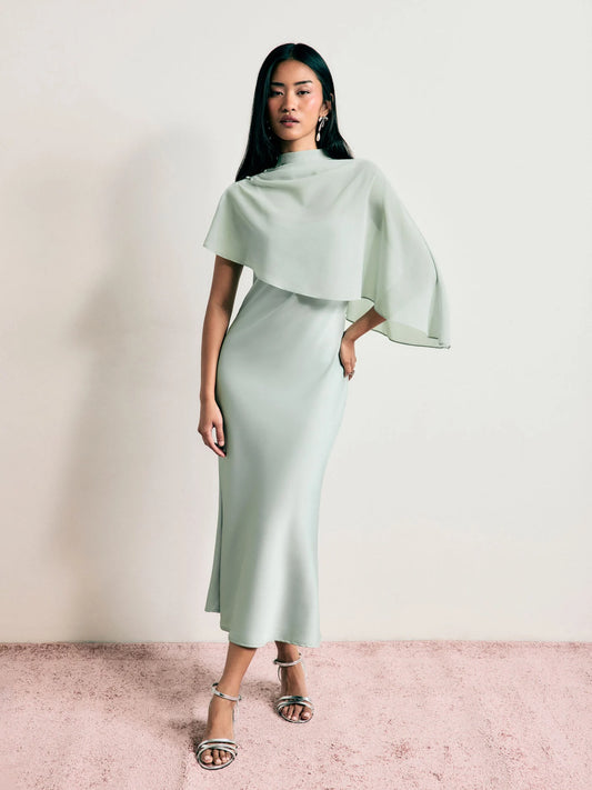 Abito Maxi in Raso con Collo Alto e Maniche a Mantella - Verde