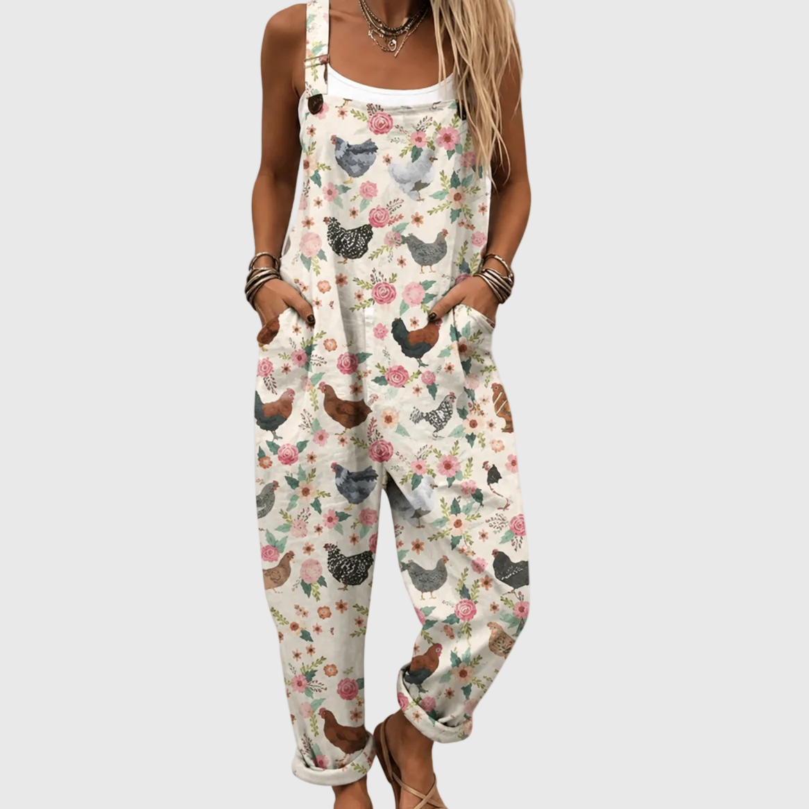 Salopette Vintage con Galline e Fiori