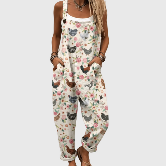 Salopette Vintage con Galline e Fiori
