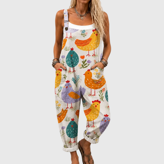 Salopette con Uccellini Colorati e Fiori