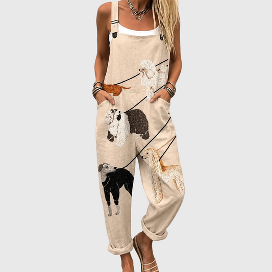 Salopette Beige con Elegante Motivo Cani