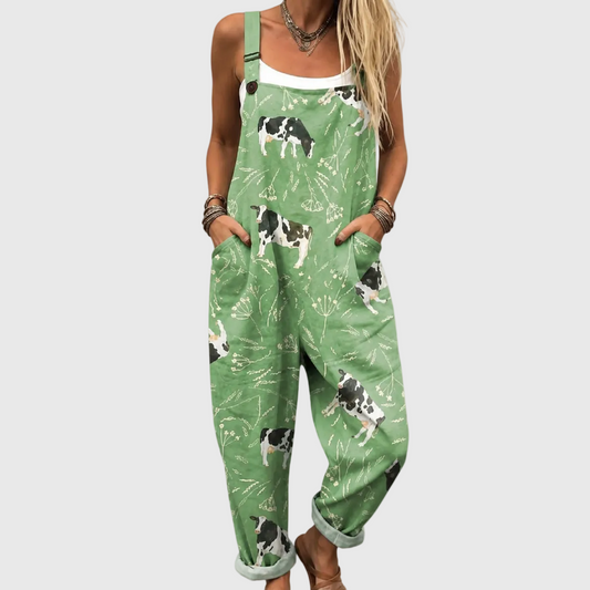 Salopette Verde con Mucche e Motivi Botanici