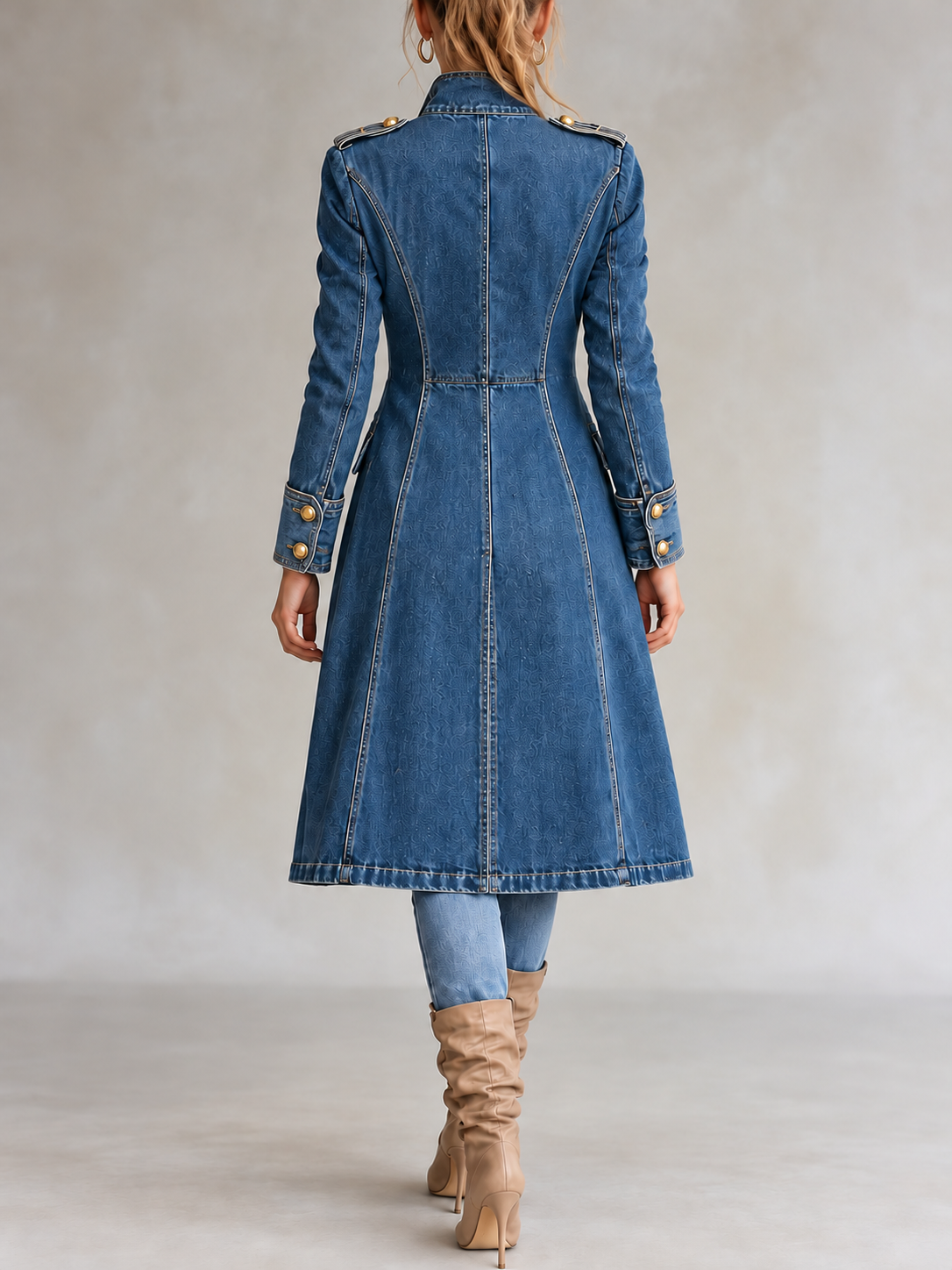 Cappotto lungo in denim stile militare con bottoni dorati