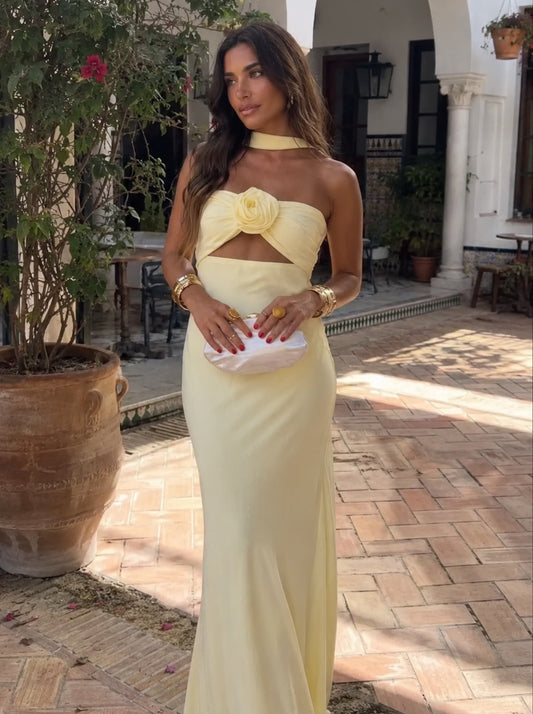 Gardenia | Abito maxi halter con applicazione floreale