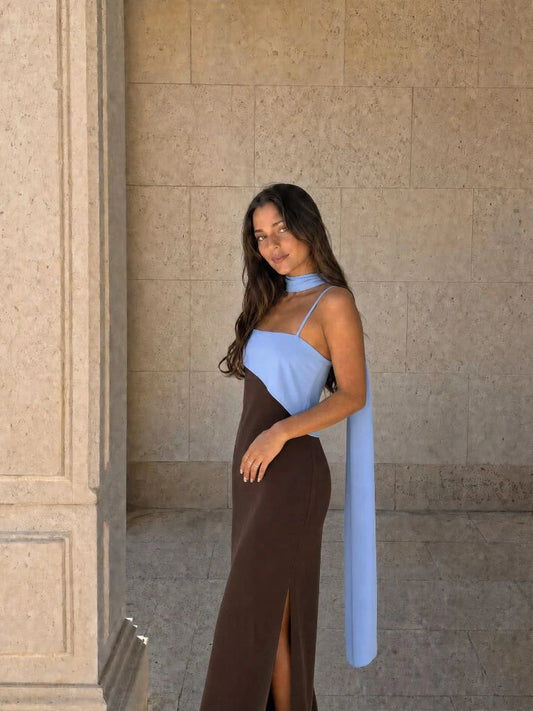 Abito lungo drappeggiato bicolore