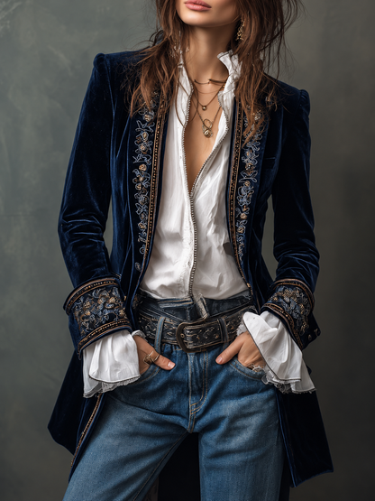 Athénaïs — Giacca lunga vintage ricamata blu navy, vista 2