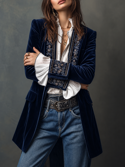 Athénaïs — Giacca lunga vintage ricamata blu navy, vista 3