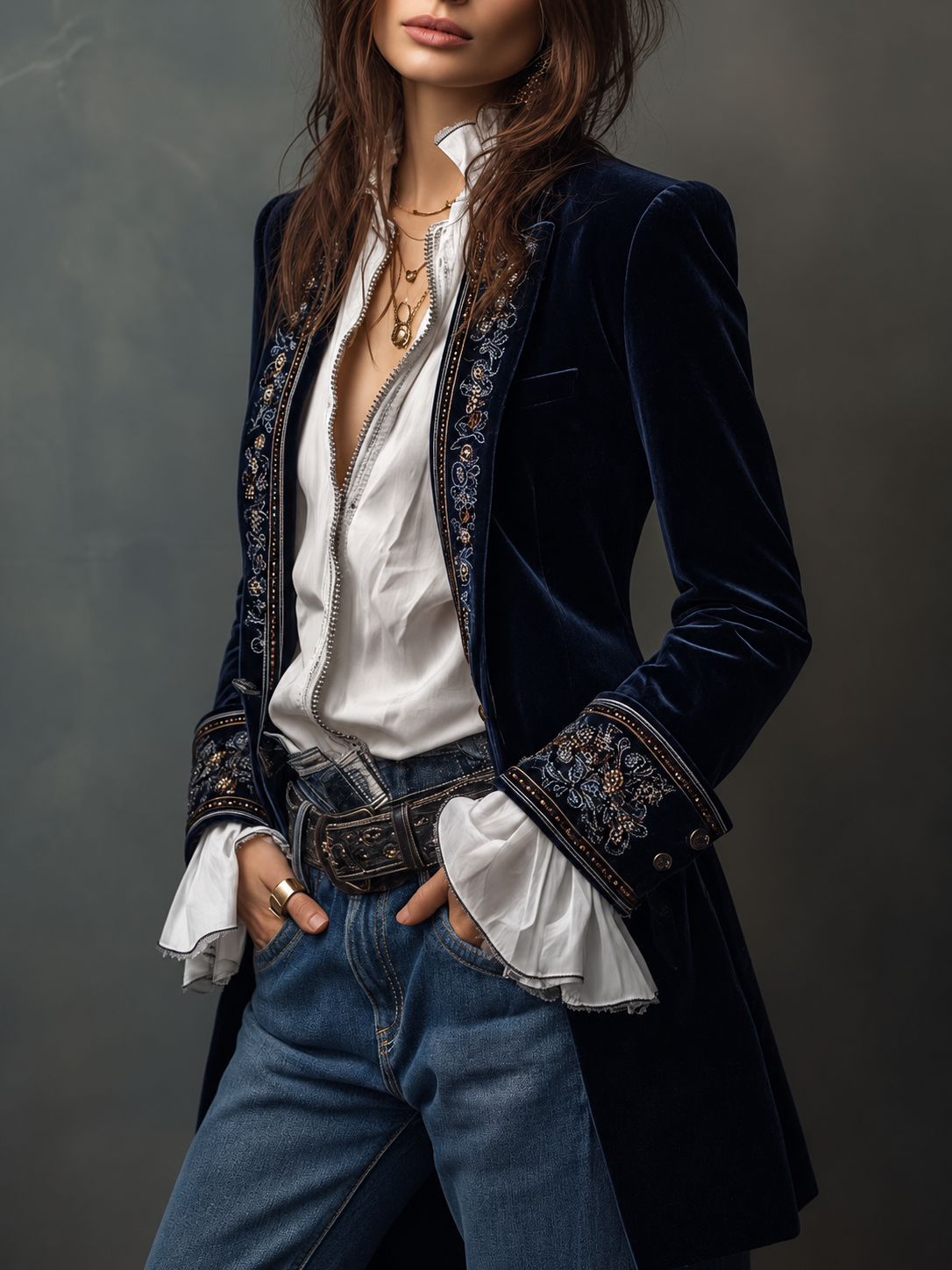 Athénaïs — Giacca lunga vintage ricamata blu navy, vista 4