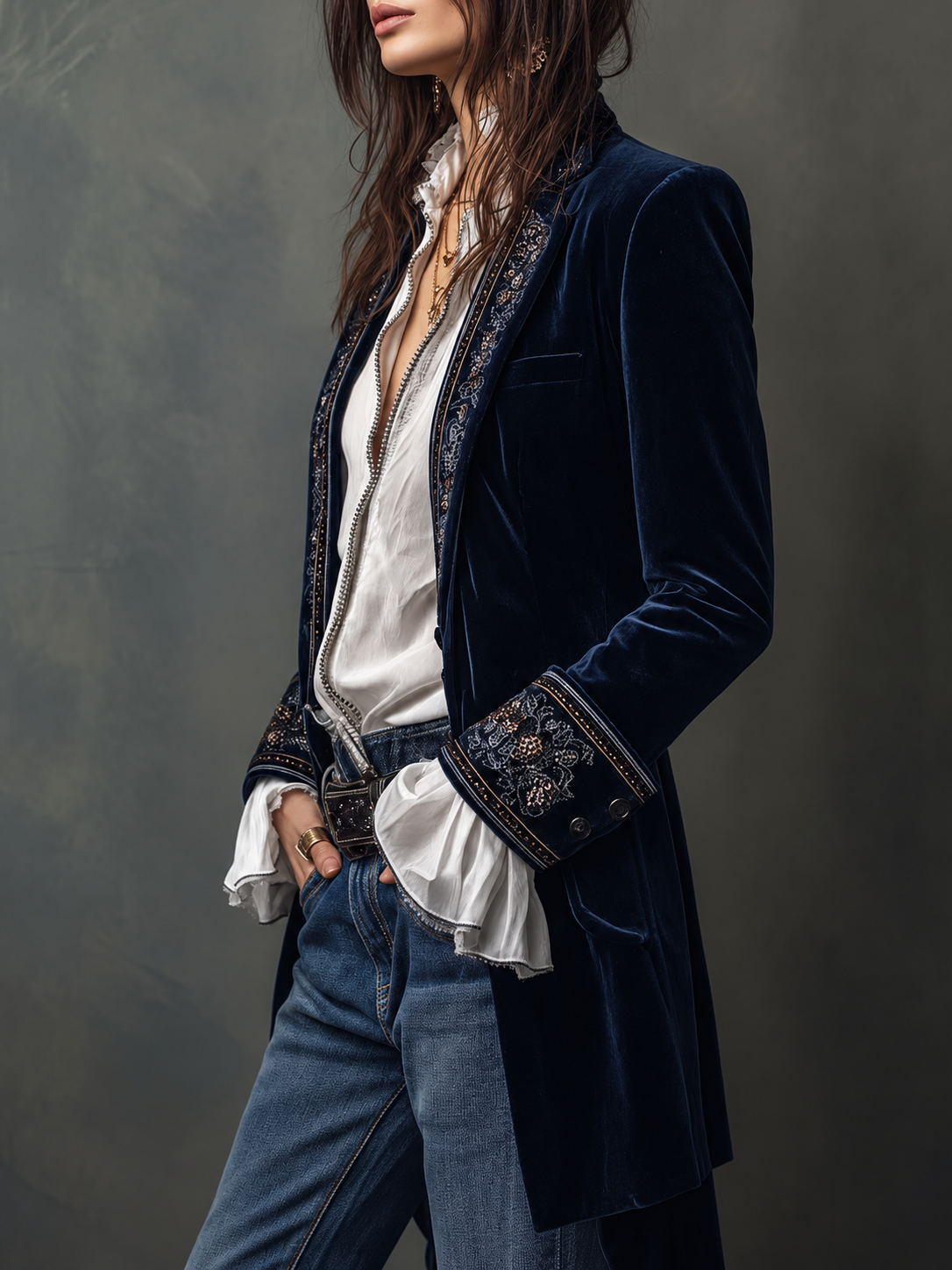 Athénaïs — Giacca lunga vintage ricamata blu navy, vista 5
