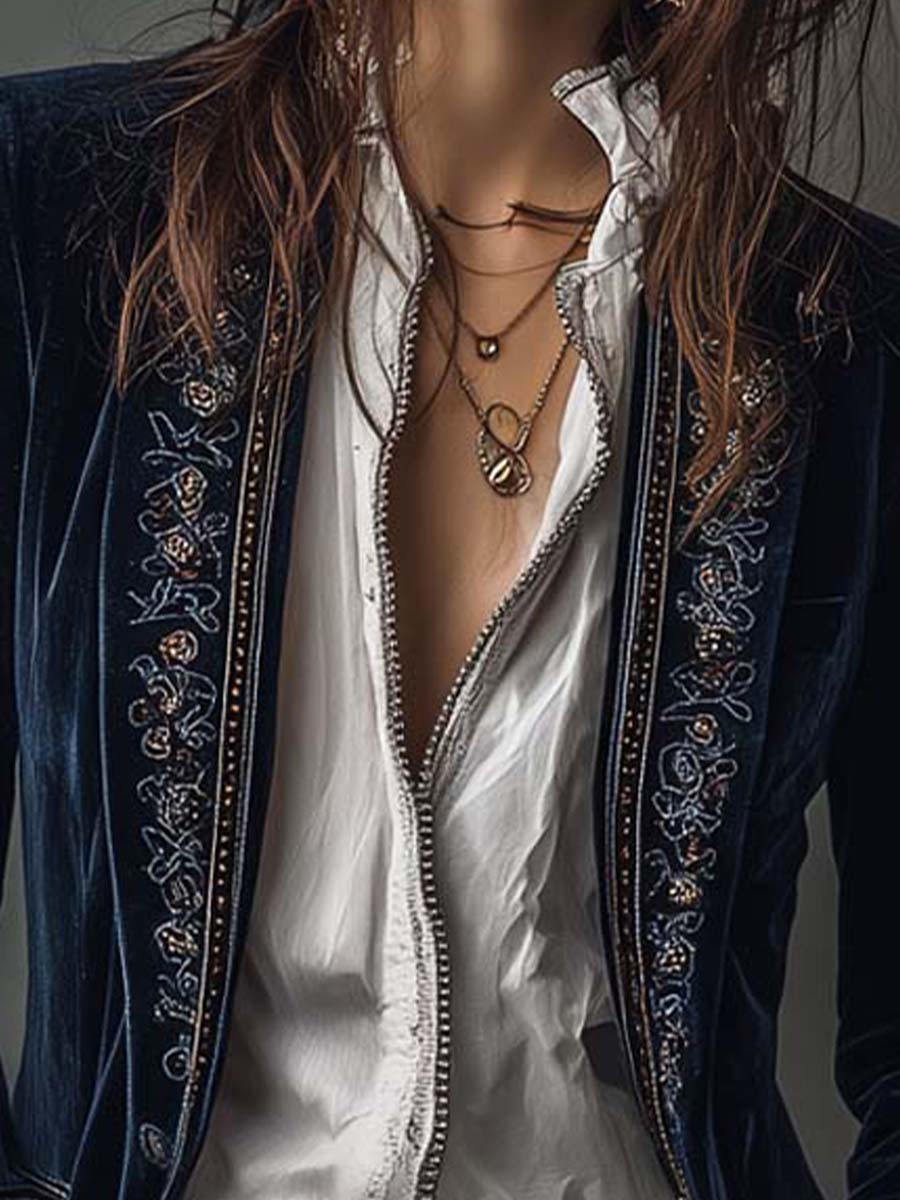 Athénaïs — Giacca lunga vintage ricamata blu navy, vista 6