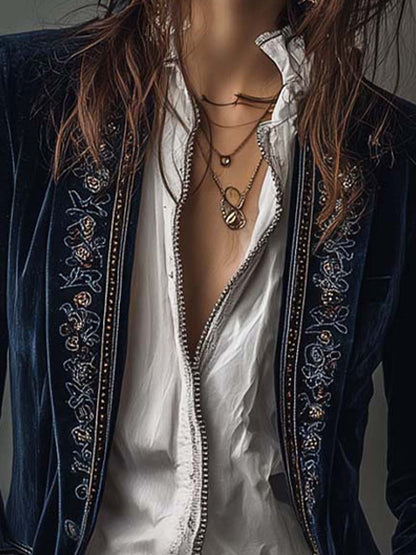 Athénaïs — Giacca lunga vintage ricamata blu navy, vista 6