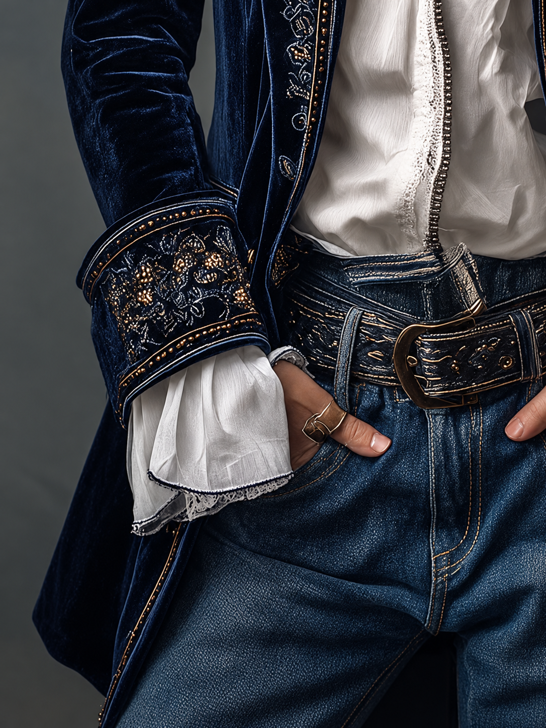 Athénaïs — Giacca lunga vintage ricamata blu navy, vista 8