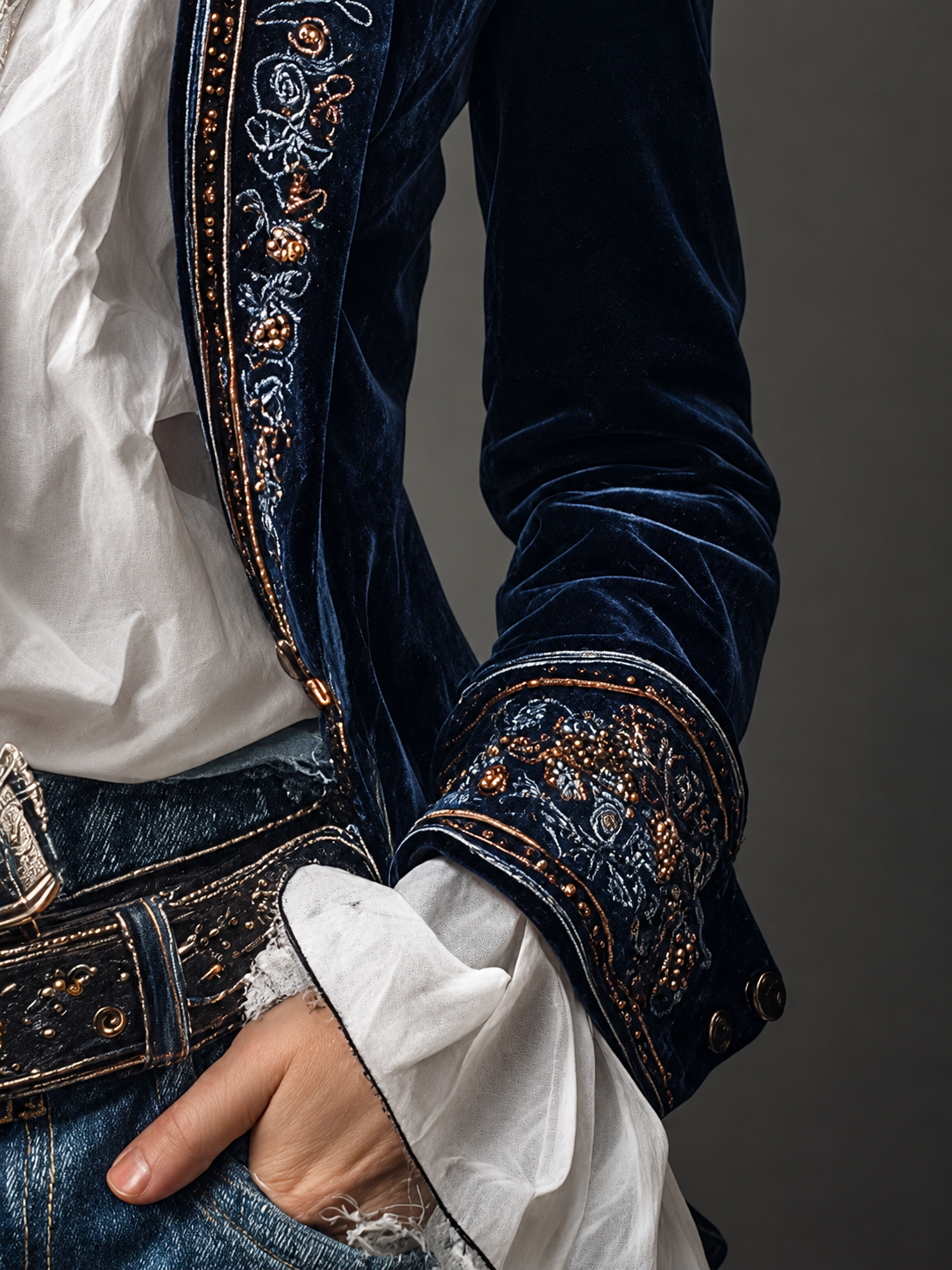 Athénaïs — Giacca lunga vintage ricamata blu navy, vista 9