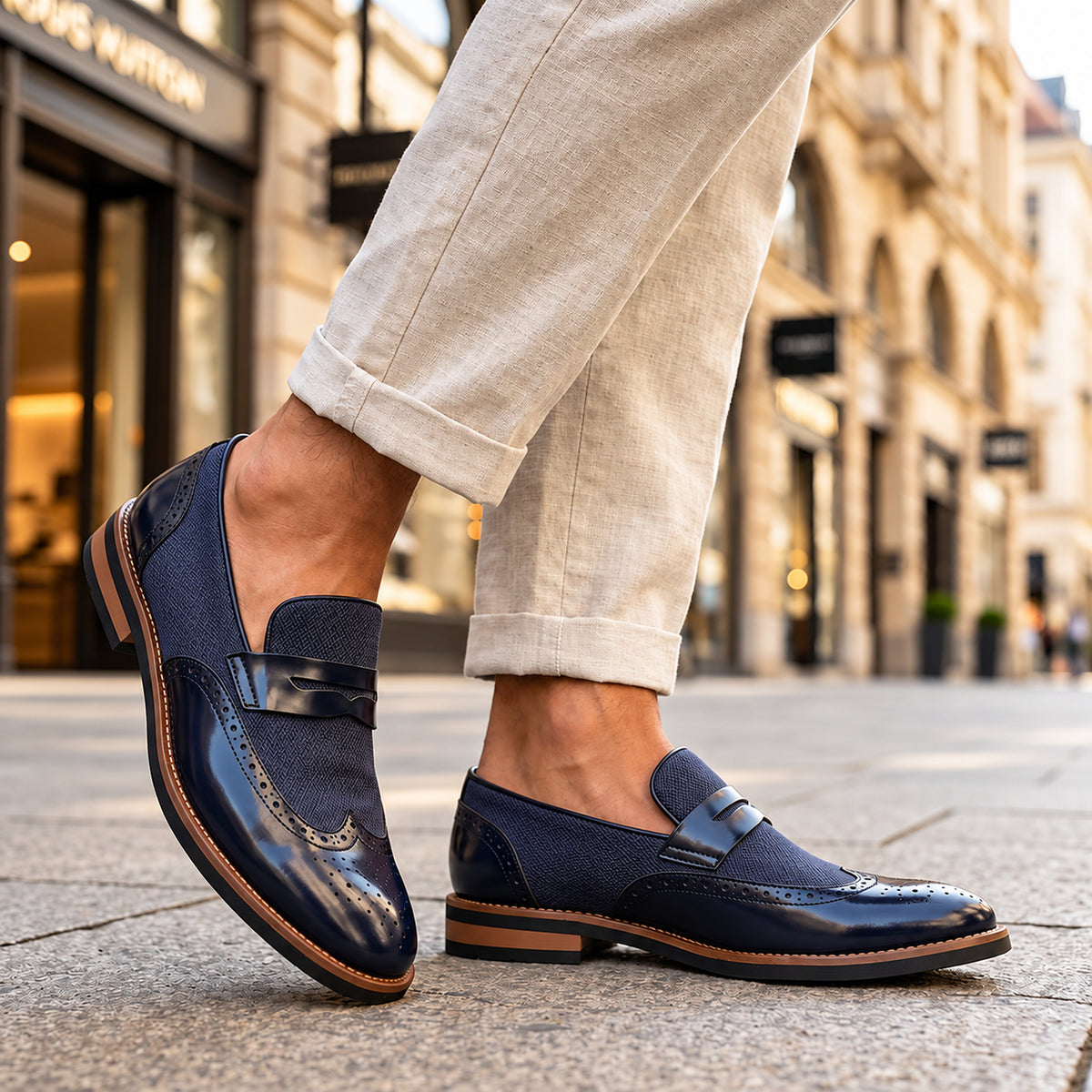 Mocassini brogue Bramwell blu navy indossati, vista laterale