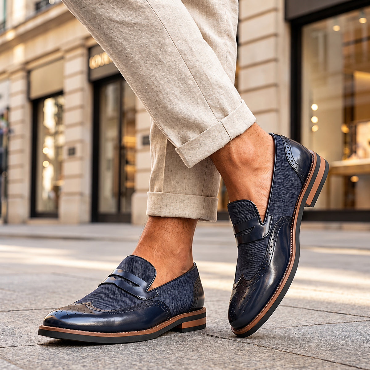 Mocassini brogue Bramwell blu navy indossati, vista a tre quarti